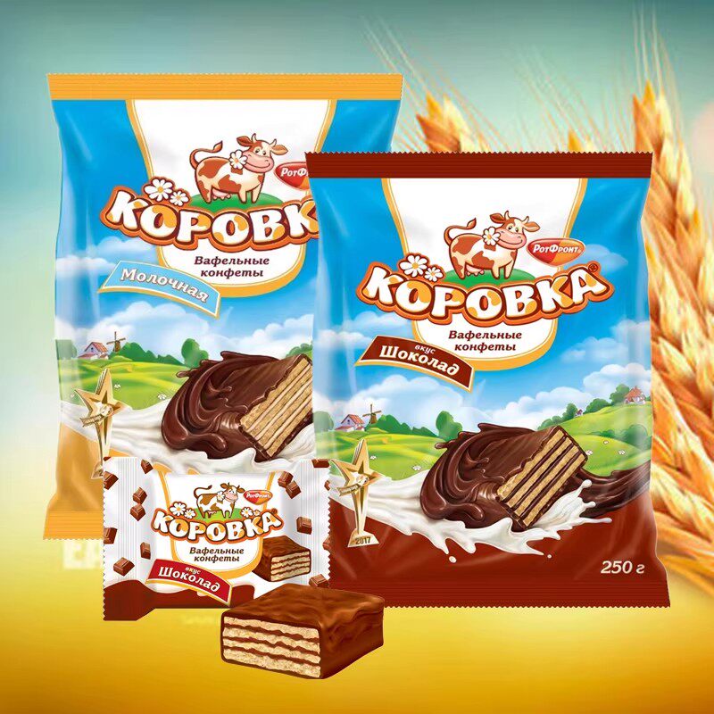 俄罗斯进口小牛威化饼干牛奶巧克力味瓦夫饼干甜点零食独立包装