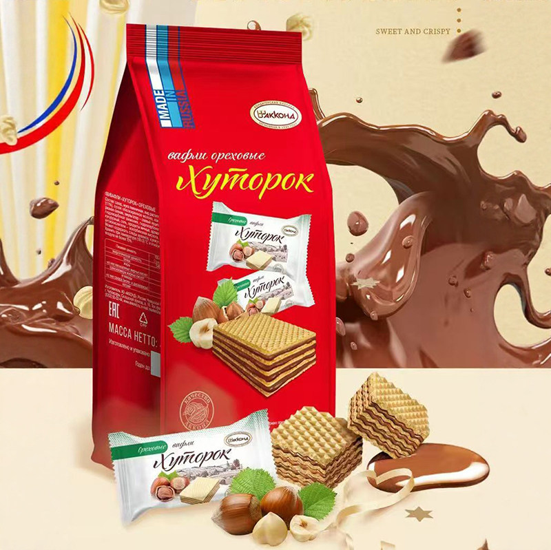 俄罗斯阿孔特榛子威化巧克力夹心小农庄芒果饼干原装瓦夫饼零食品