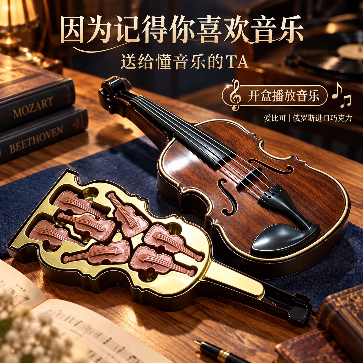 小提琴形巧克力音乐礼盒俄罗斯进口纯可可脂黑巧圣诞节巧克力礼物