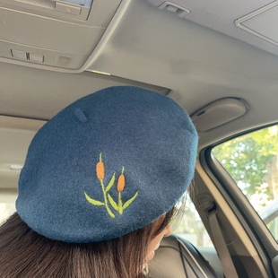 花木畦blooms原创立体蒲棒手工羊毛毡贝雷帽 羊毛伦敦蓝色帽子