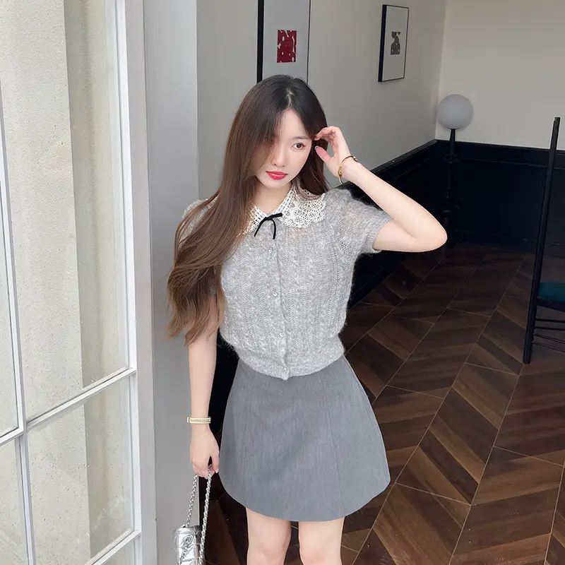 系羊毛纯色气质短袖针织小衫女早秋淑女薄款显瘦开衫外套短款女士