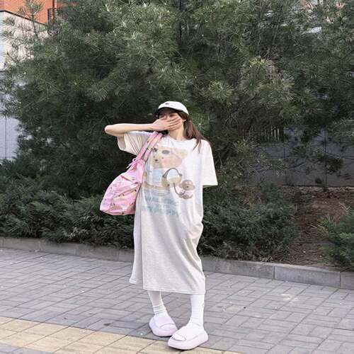韩系浅灰卡通小熊长款懒人裙女宽松遮肉休闲T恤裙居家外出连衣裙