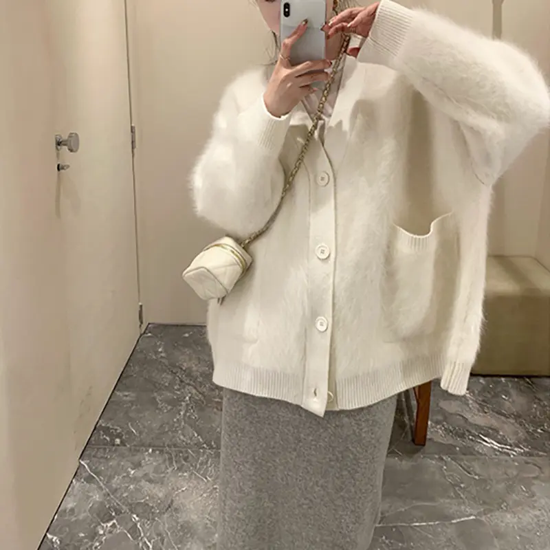 纱线猛犸毛慵懒风白色毛衣外套女春季时尚宽松加厚针织毛毛开衫