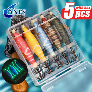 5件套装水平木虾鱿鱼钩路亚饵木虾套装乌贼章鱼钩夜光UV进口尾钩