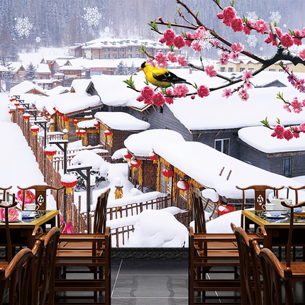 东北餐馆自粘贴画雪乡饭店背景墙贴纸铁锅炖壁画雪景直播间墙纸