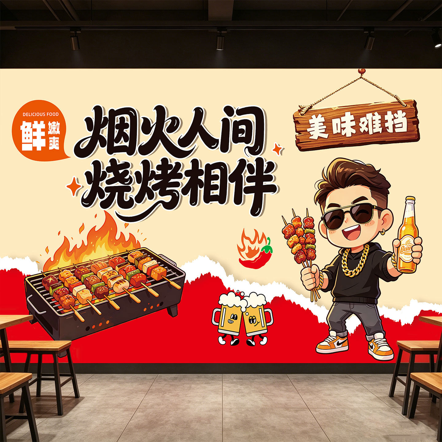 烤串店氛围背景墙贴画创意烧烤美食壁画餐饮大排档墙面装饰墙纸