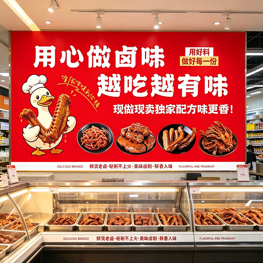 卤味熟食店墙面装饰贴画鸭脖餐饮店广告海报布置背景墙贴纸壁画