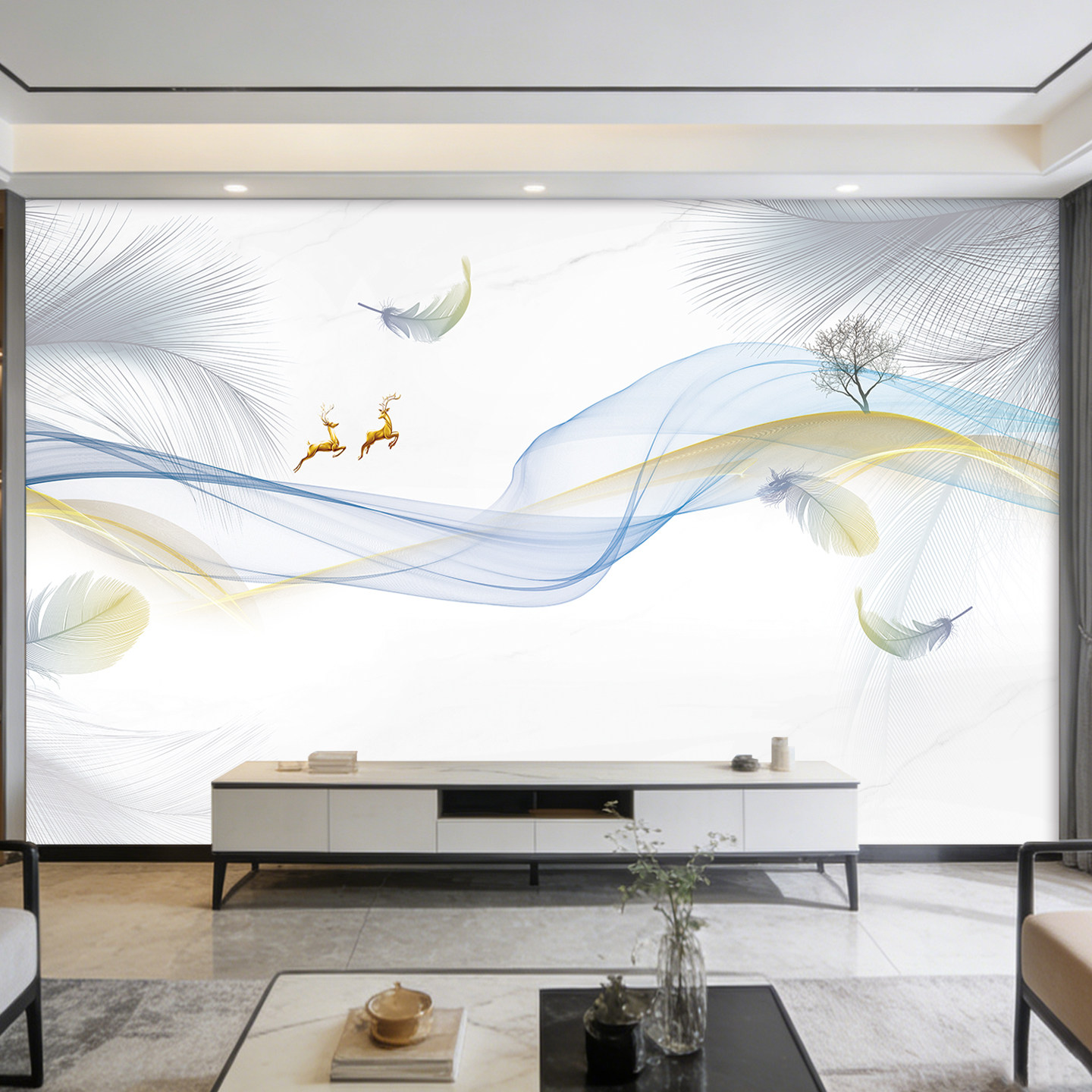 招财麋鹿客厅装饰画轻奢山水墙贴画自粘沙发背景墙发财树壁画贴纸