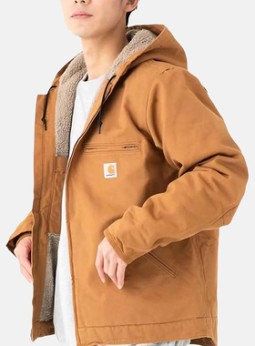 Carhartt卡哈特羊羔绒加绒防风帆布拉链耐磨连帽保暖夹克104392