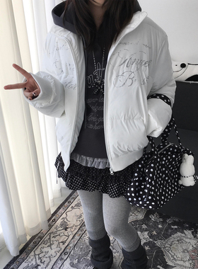 y2k轻亚比白色连帽棉服女款冬季加厚毛领短款棉衣外套宽松面包服