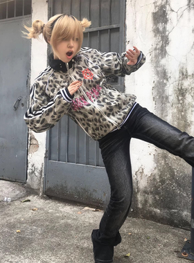 亚文化豹纹卫衣开衫女秋冬标语印花宽松立领外套街头风视觉系上衣