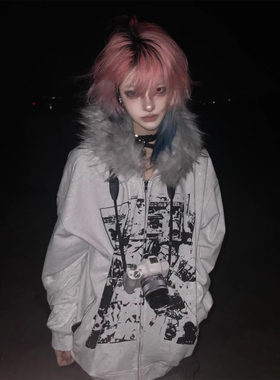 亚文化毛领连帽卫衣女冬季加绒摇滚印花宽松拉链外套情侣重磅上衣