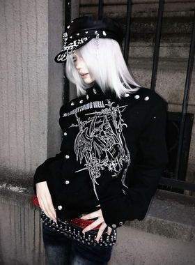 y2k亚文化异型排扣外套女秋冬铆钉黑色夹克朋克视觉系上衣设计感