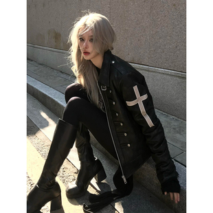 亚文化朋克外套女冬季加厚十字架宫廷风黑色夹克视觉系上衣设计感