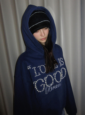 美式复古珍珠卫衣女秋冬休闲深蓝色连帽衫外套情侣重磅上衣高级感