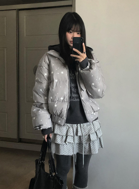 轻亚比加厚棉服女冬季满印星星保暖立领外套oversize宽松棉衣y2k
