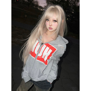 街头风水洗做旧连帽卫衣女春季标语印花休闲拉链外套情侣宽松上衣