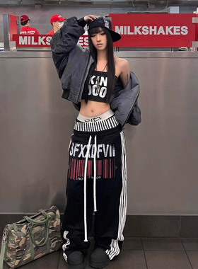 美式高街黑色阔腿裤女秋冬双腰头条纹宽松直筒裤子设计感运动长裤