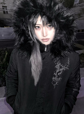 亚文化黑色连帽棉服女冬季可拆卸毛领加厚保暖修身y2k视觉系外套