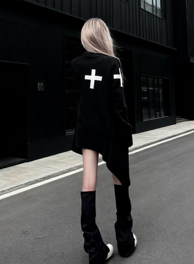 亚文化黑色针织开衫女秋冬十字架哥特巫师长袍披风视觉系上衣y2k