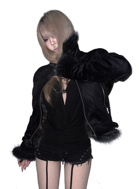 亚文化毛领棉服女冬季新款正肩夹克棉服vintage视觉系修身y2k上衣