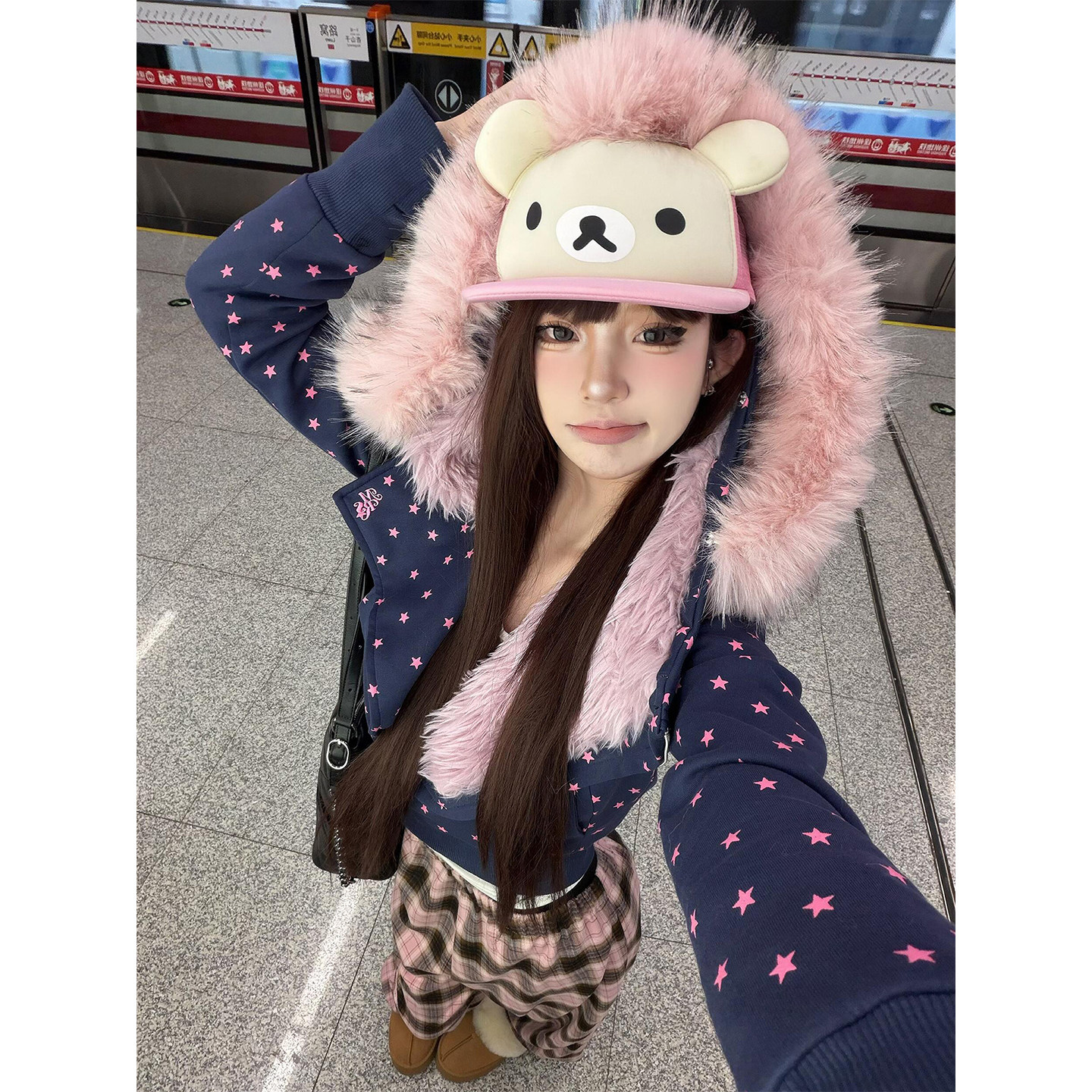 美式街头风连帽棉服女冬季粉色毛领连帽短款棉衣外套保暖收腰上衣