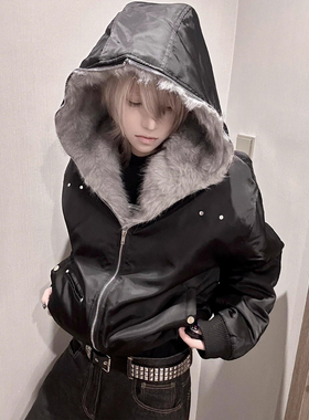 亚文化狼王座山雕棉服女款冬季加厚飞行夹克外套情侣保暖黑色棉衣