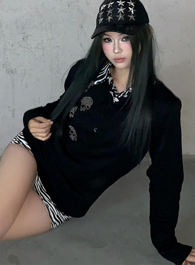亚文化假两件长袖t恤女秋冬polo领黑色卫衣修身正肩视觉系上衣y2k
