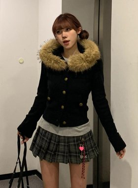 美式复古连帽毛衣外套女秋冬氛围感可拆卸毛领针织开衫短款上衣潮