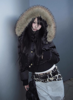 美式复古黑色棉服女冬季新款加厚短款毛领连帽棉衣情侣视觉系外套