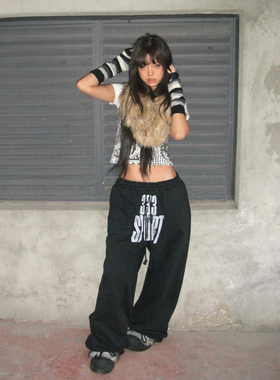 美式街头黑色阔腿裤女秋冬做旧褪色印花休闲拖地长裤宽松跳舞裤子