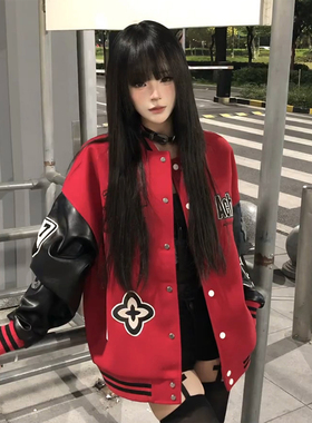 美式复古棒球服女冬季撞色pu皮加厚夹棉外套宽松情侣重磅夹克上衣