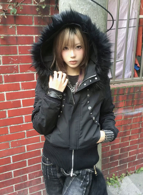 亚文化黑色短款棉服女冬季加厚保暖派克服vintage修身收腰外套y2k