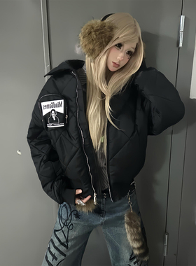 亚文化黑色棉服女冬季加厚保暖菱形格外套飞行员夹克棉衣oversize