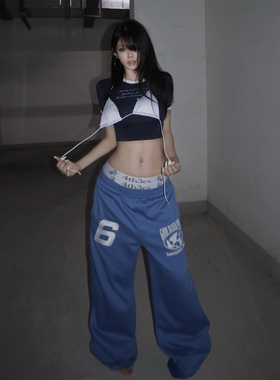 美式街头蓝色休闲卫裤女秋冬字母印花弯刀阔腿裤宽松直筒运动长裤