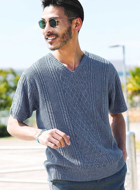 E521633 日本 男女情侣款 春夏款森林系百搭圆领短袖套头针织毛衣