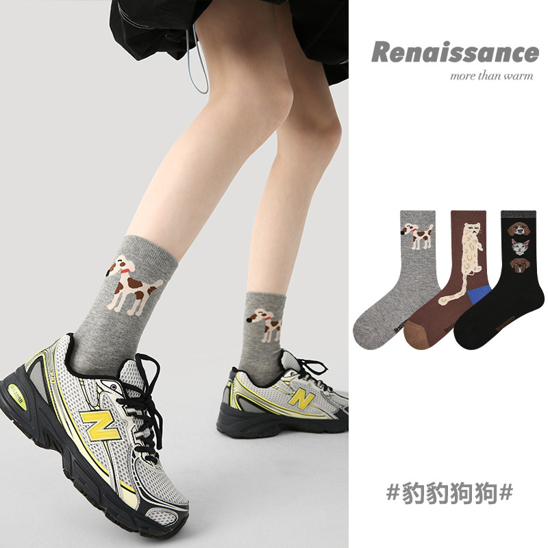 Renaissance袜子女秋冬2025新款精梳棉撞色卡通小狗无骨中筒女袜