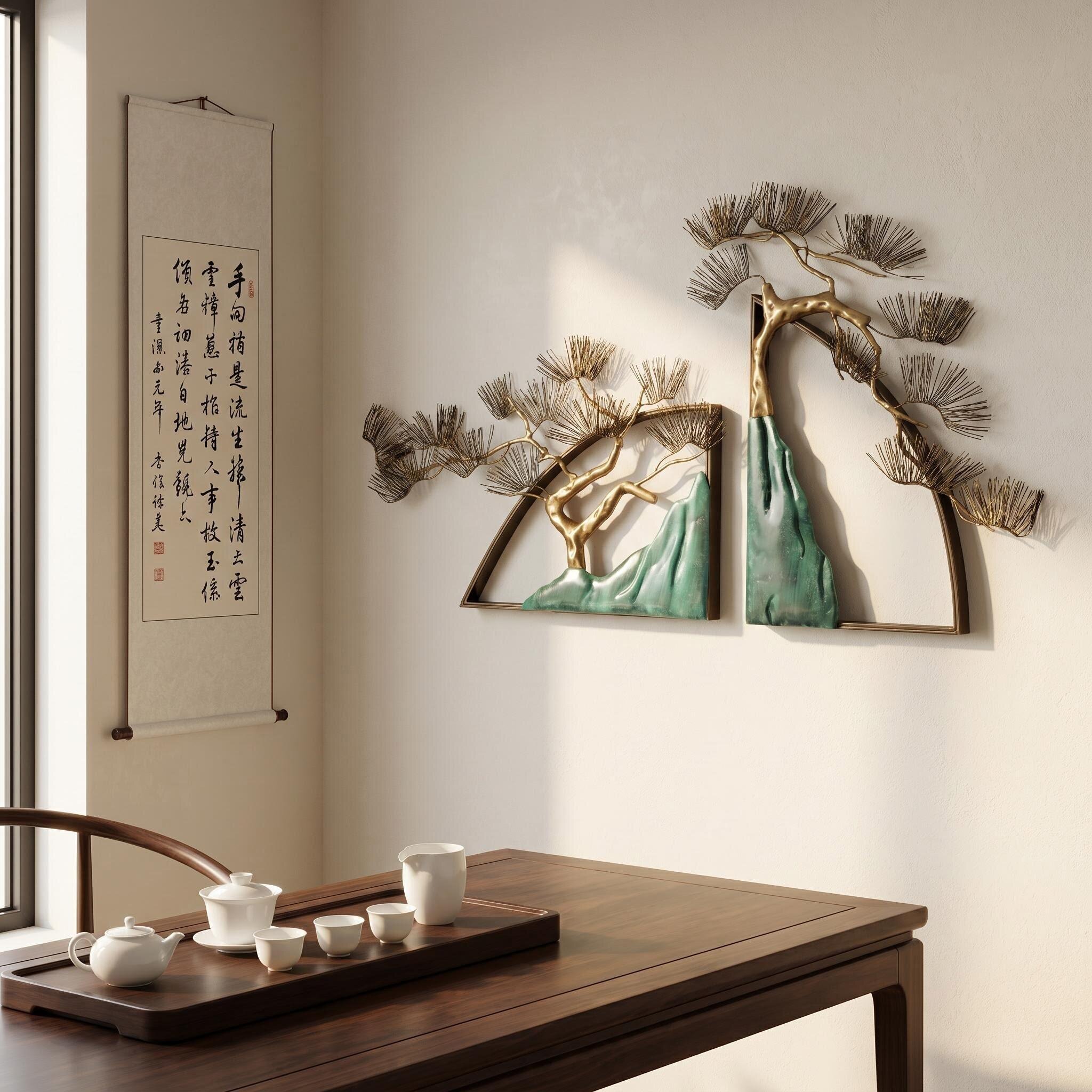 中式复古风金属松树装饰摆件客厅书房茶室立体艺术挂件