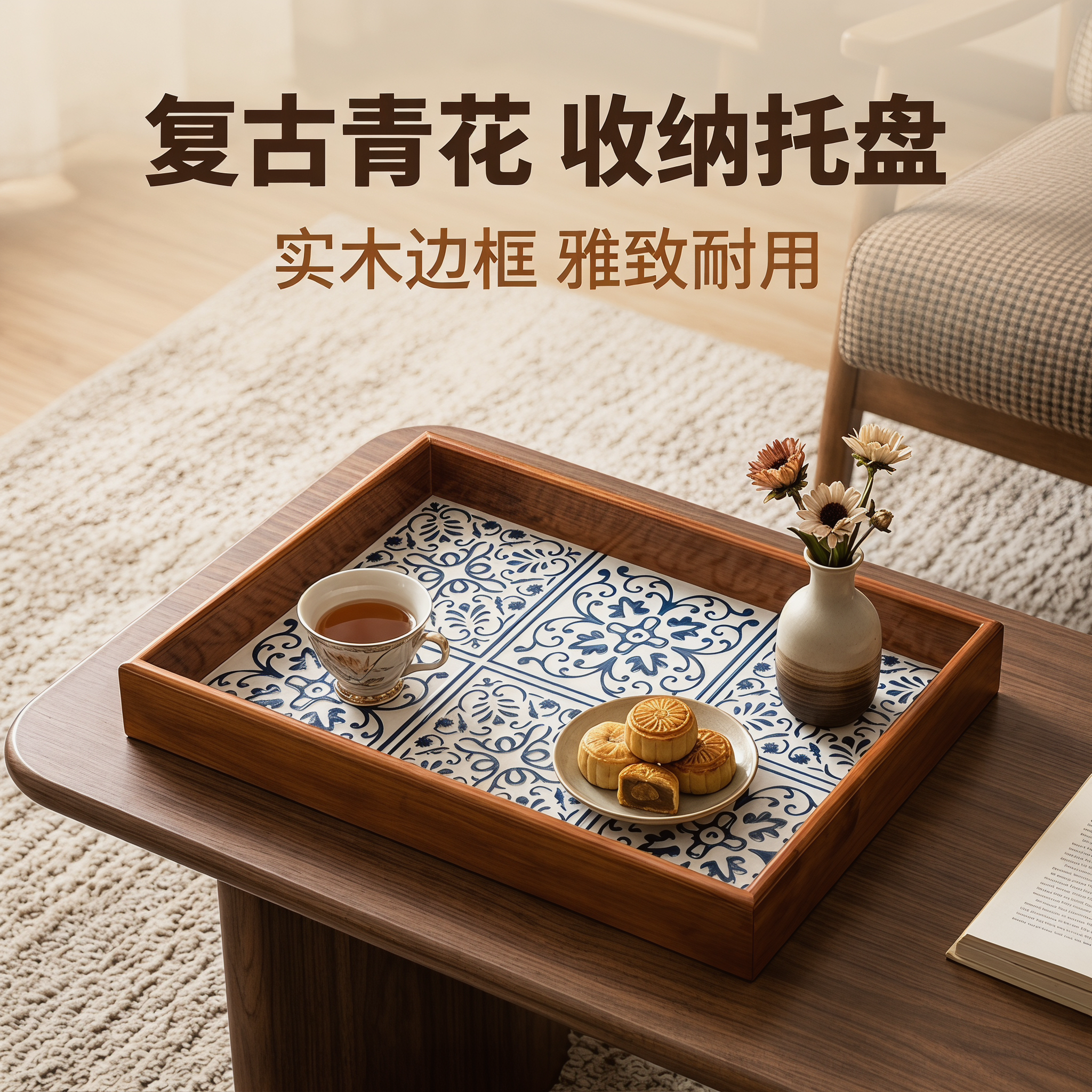 复古风青花瓷纹松木茶具收纳托盘