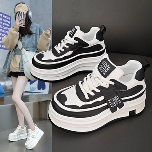 真皮厚底内增高小白鞋女2026新款春季百搭时尚熊猫鞋休闲松糕板鞋