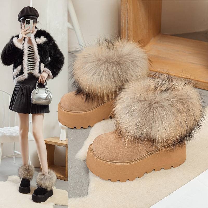 真皮貉子毛厚底雪地靴女皮毛一体