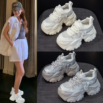 银色厚底内增高透气老爹鞋女春夏