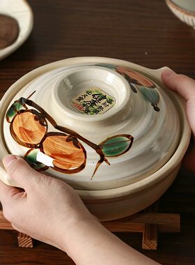 万古烧日式陶土锅手绘柿子