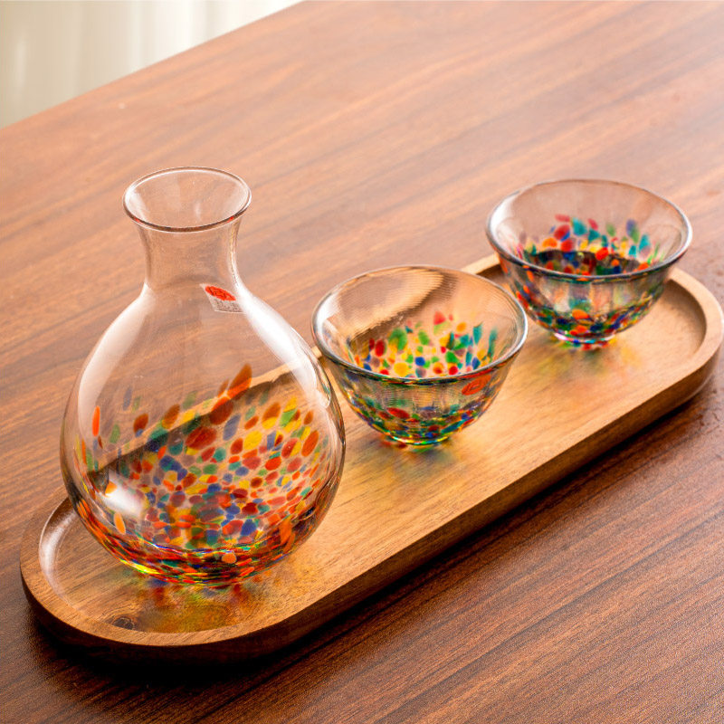 日本进口Aderia 津轻彩色玻璃酒壶清酒杯日式酒具套装一壶二杯