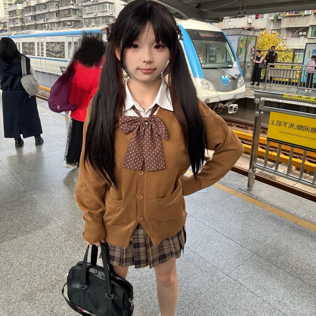 学院风JK制服套装女秋冬棕色针织开衫毛衣叠穿小棕格裙秋冬套装女