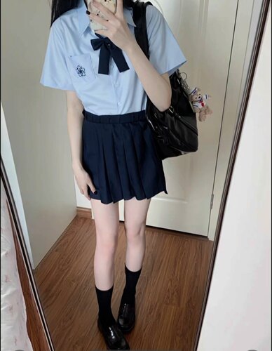 日系女夏季学院风蓝色樱花短袖衬衫叠穿绀色短裙校供感百搭裙套装