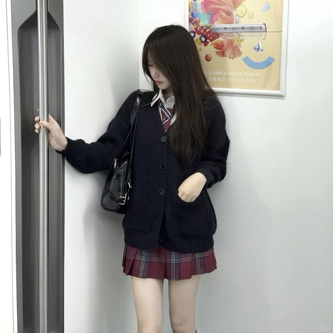 学院风JK制服套装女秋冬黑色开衫毛衣玄格裙日系校园风校供感套装