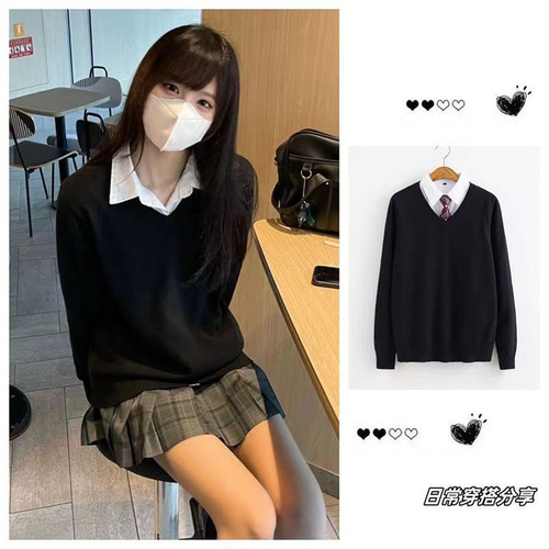 秋冬新款日系慵懒风jk毛衣女学生甜美长袖套头针织衫V领校服外套