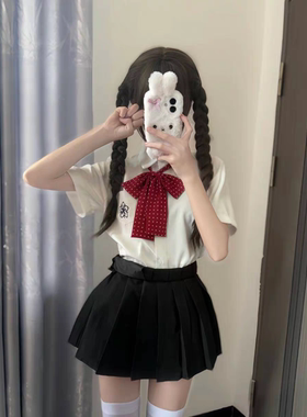 日系原创JK制服白色樱花刺绣短袖衬衫叠穿黑色百褶裙女夏季裙套装