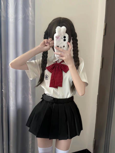 日系原创JK制服白色樱花刺绣短袖衬衫叠穿黑色百褶裙女夏季裙套装
